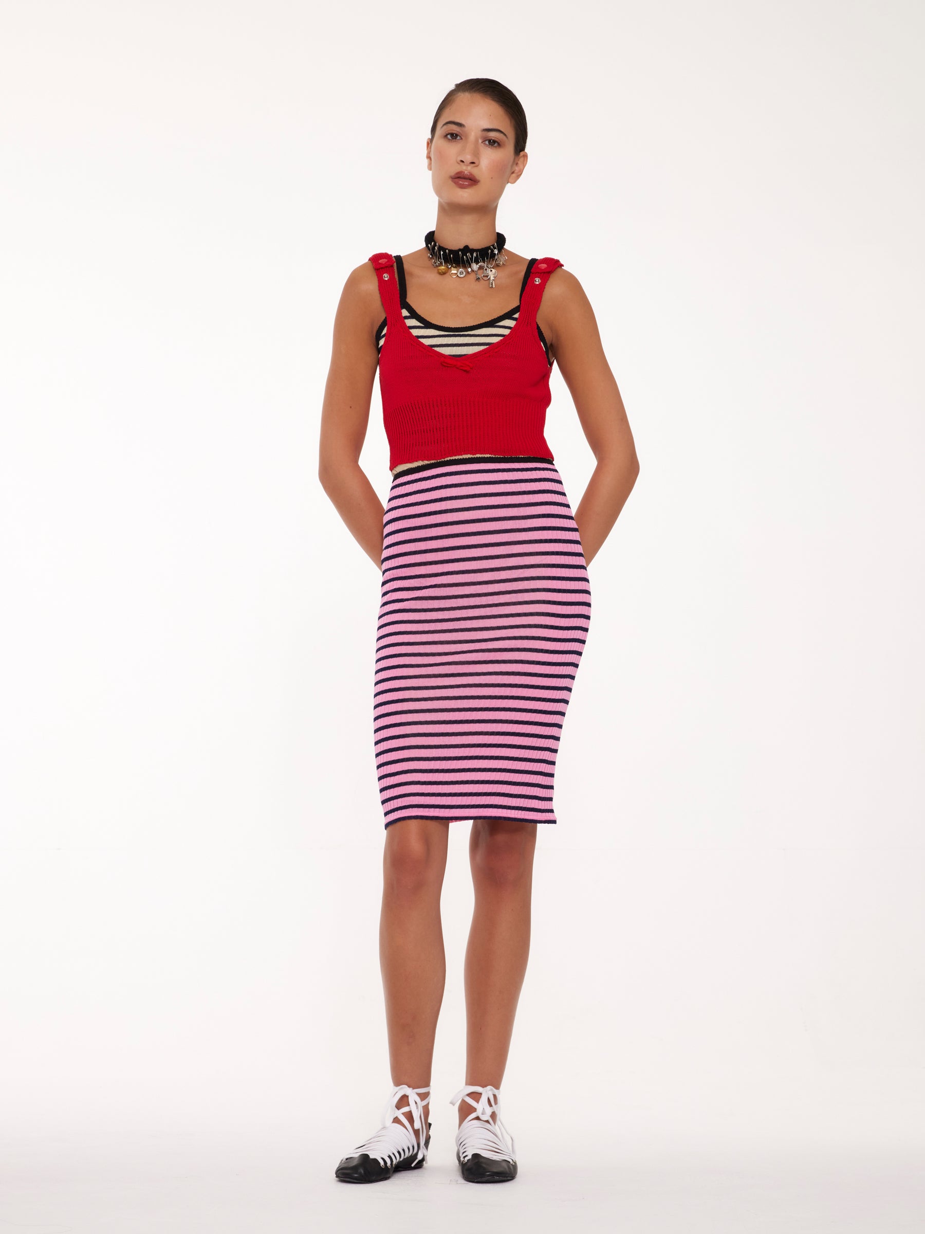 JULIE Ribbed Tube Skirt - Pink / Navy