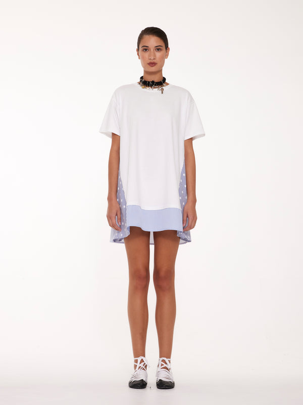 FLORENCE Short Sleeve T-shirt Dress - White / Blue Shirting