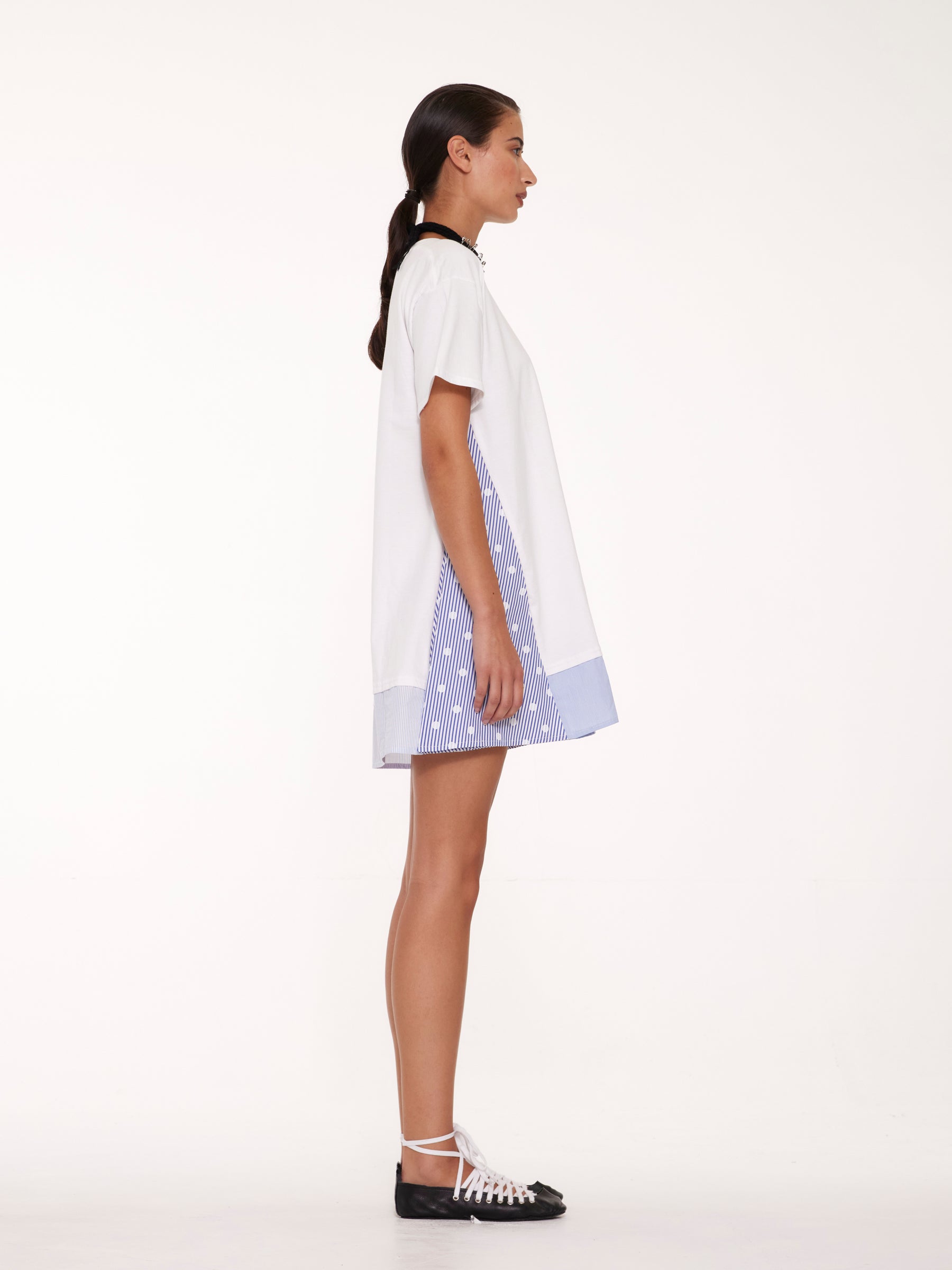 FLORENCE Short Sleeve T-shirt Dress - White / Blue Shirting