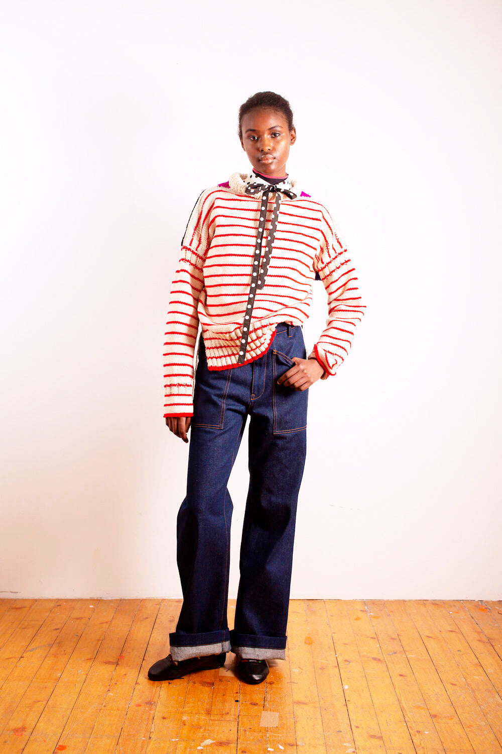 PALOMA X Hand Knitted Oversized Striped Guernsey Sweater - Red / Ecru / Black / Purple / Blue