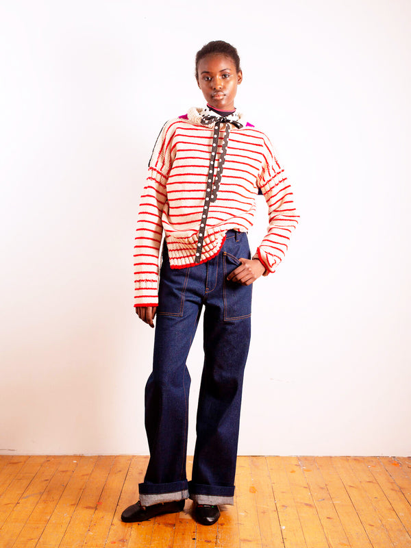 PALOMA X Hand Knitted Oversized Striped Guernsey Sweater - Red / Ecru / Black / Purple / Blue