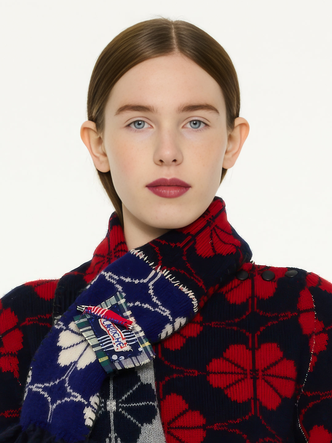 NOAH Floral Jacquard Knitted Scarf - Red/ Navy