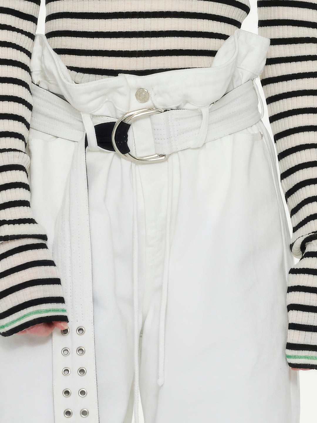 BIBA Roll Neck Striped Top  - Ecru / Black / Green