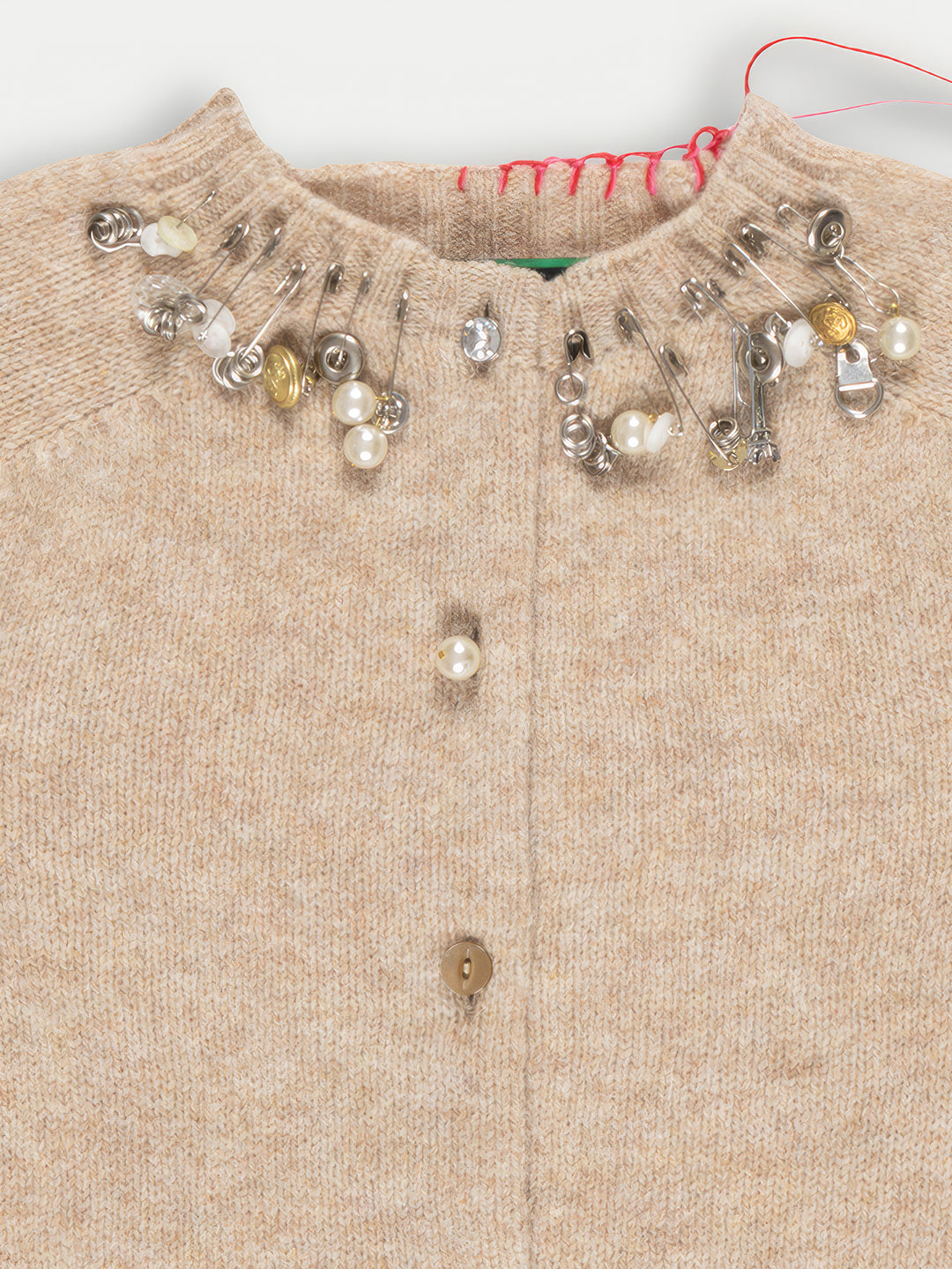 SANDI Embellished Crew Neck Shetland Cardigan - Oatmeal