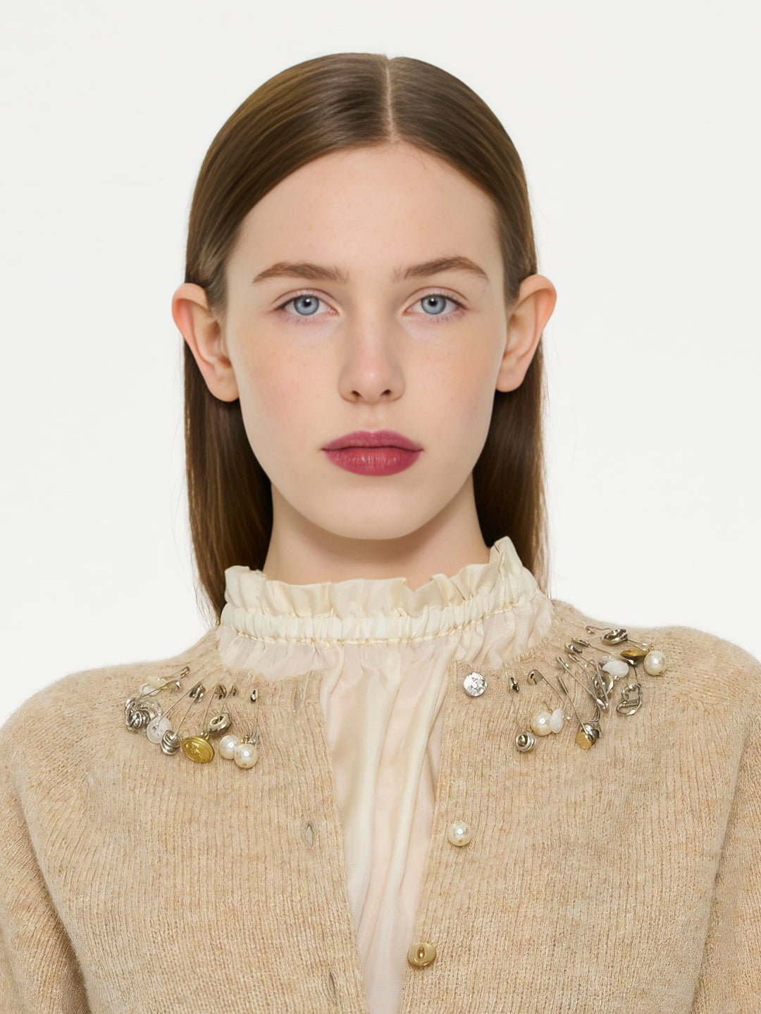 SANDI Embellished Crew Neck Shetland Cardigan - Oatmeal