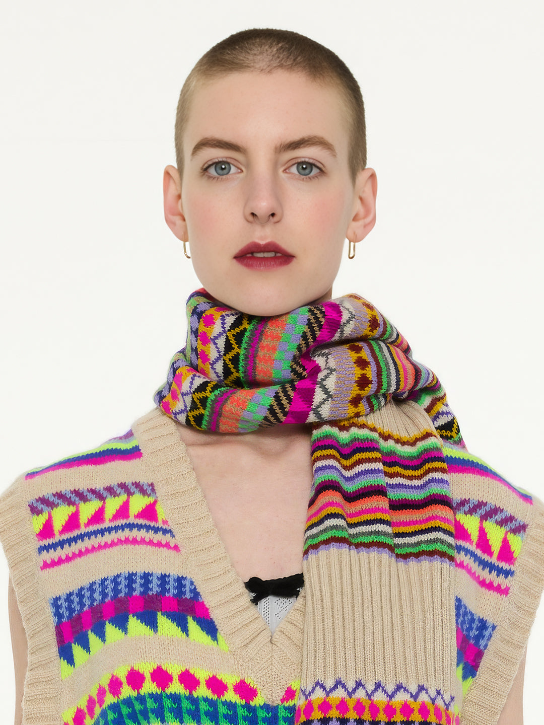 LOLA Multicolour Stripes and Fairisle Scarf- Multico
