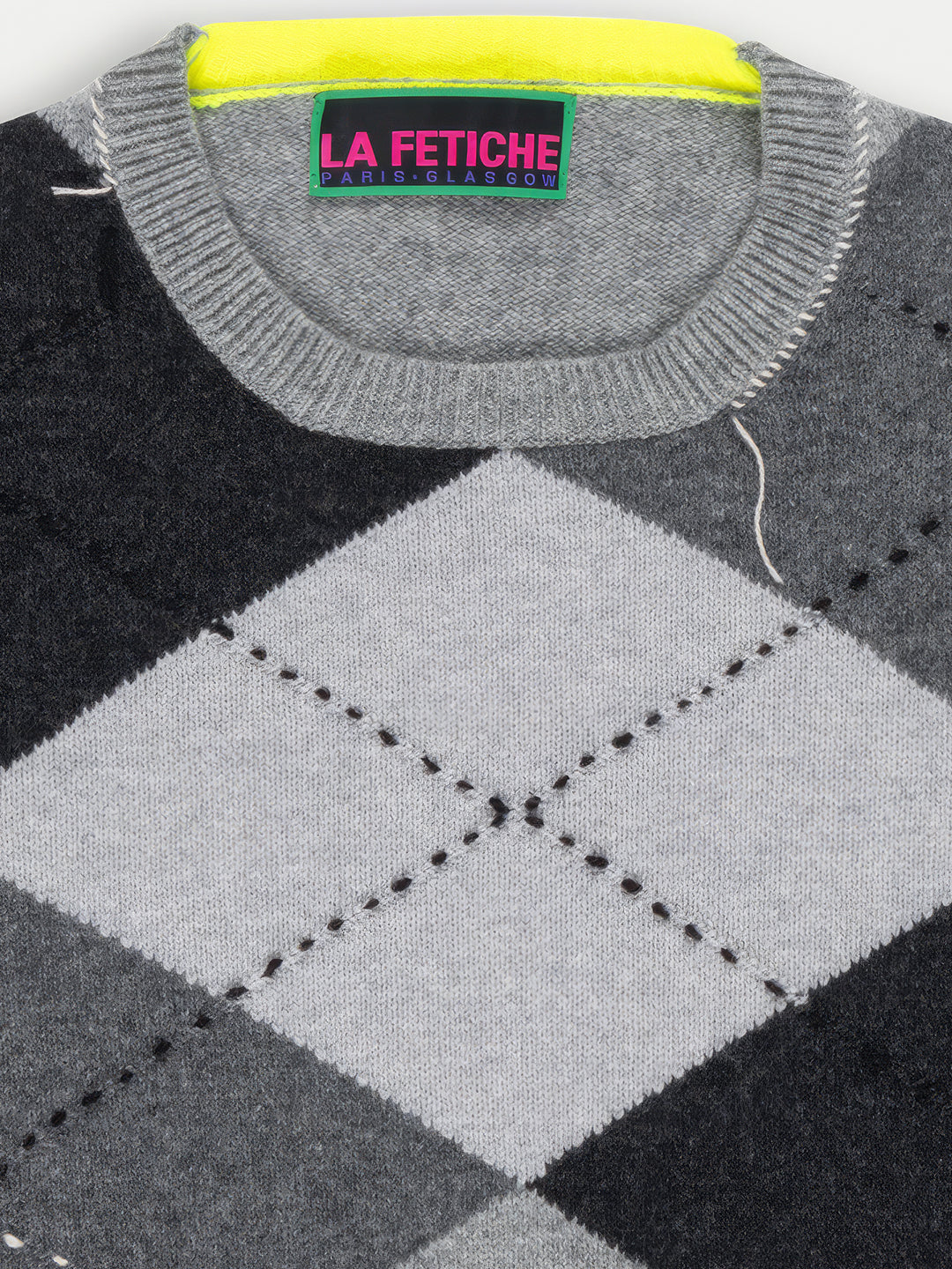UNA Lambswool Argyle Crew Neck Sweater- Grey/ Black