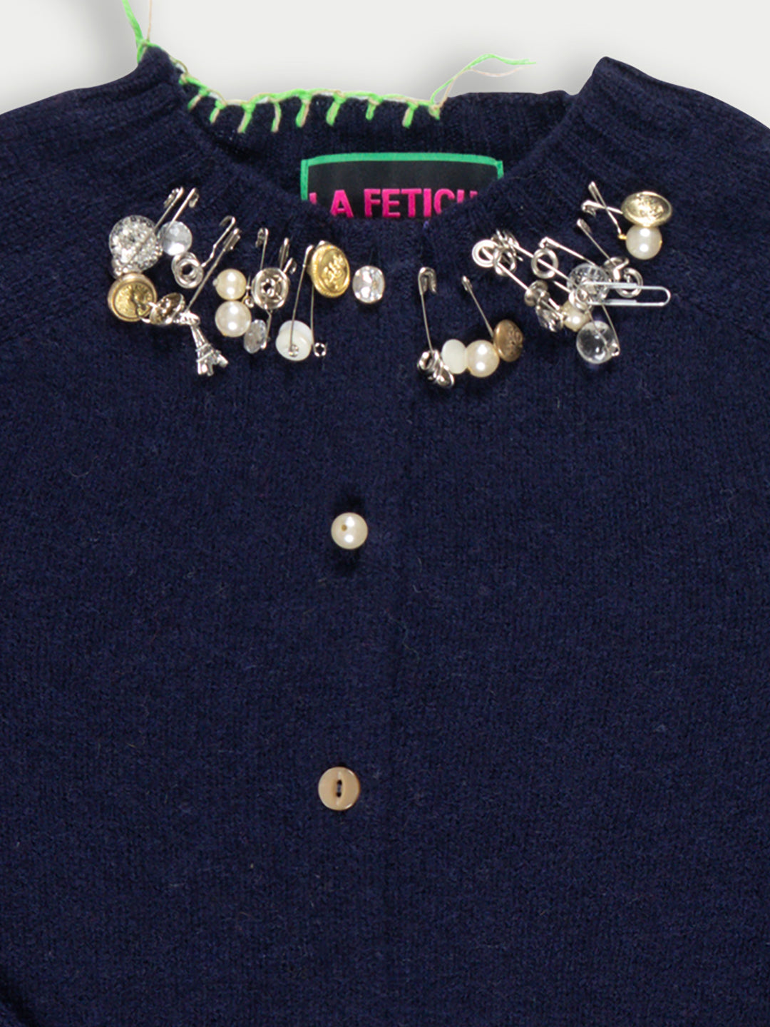 SANDI Embellished Crew Neck Shetland Cardigan - Navy