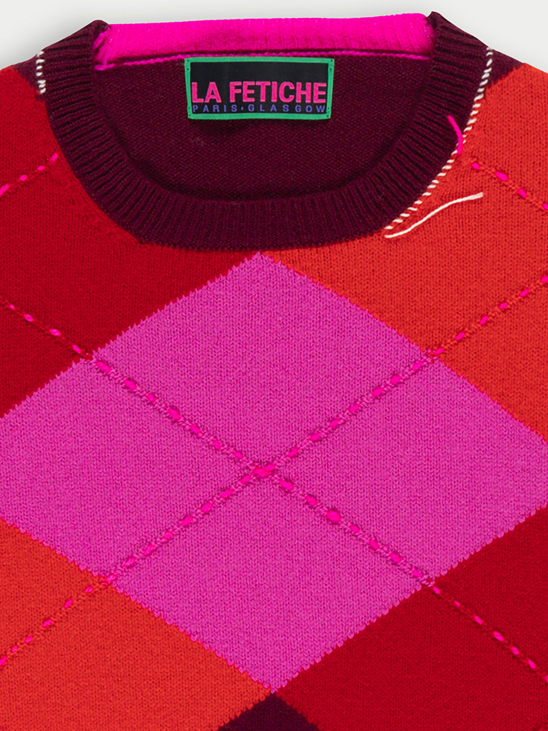 UNA Lambswool Argyle Crew Neck Sweater - Burgundy/ Pink