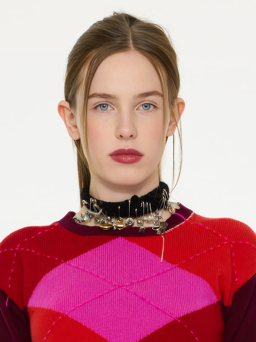 UNA Lambswool Argyle Crew Neck Sweater - Burgundy/ Pink
