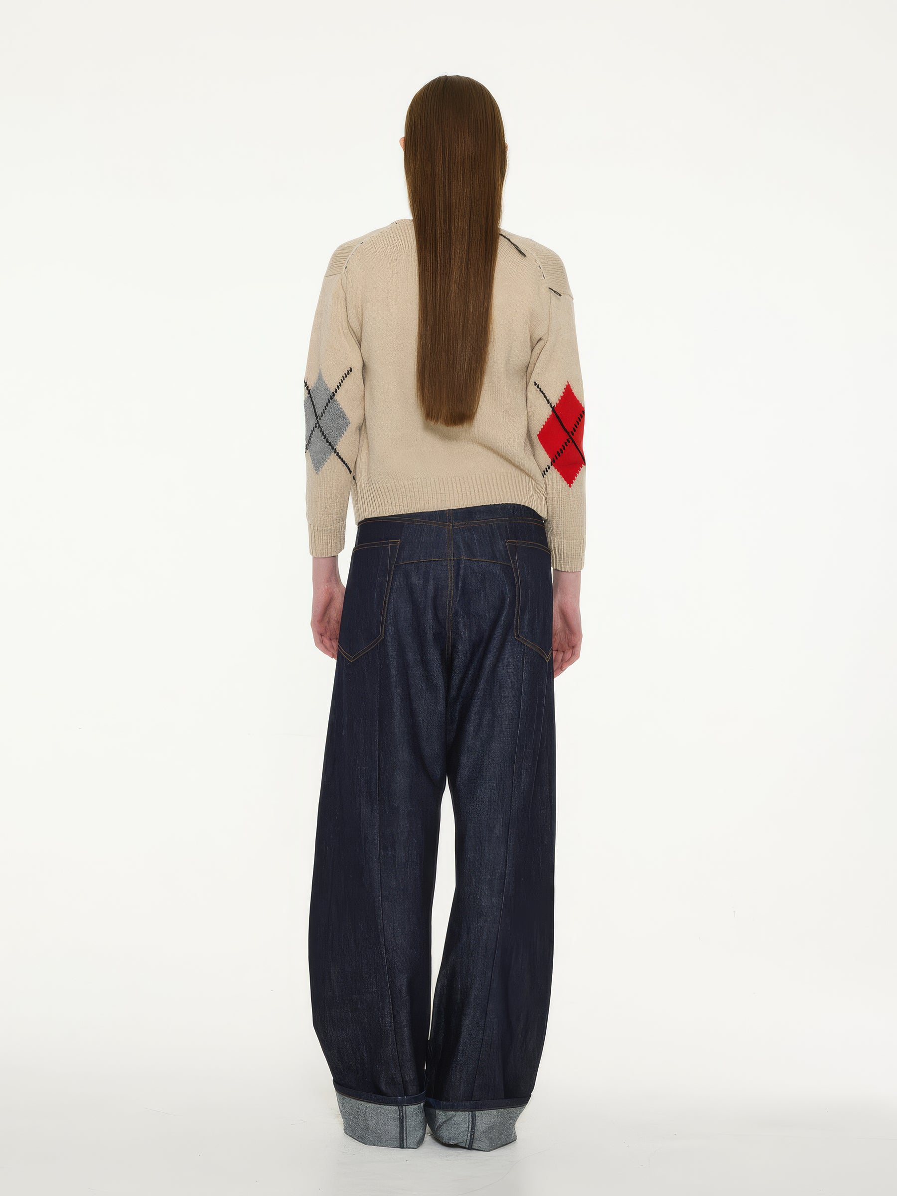 ISH Argyle Crew Neck Cardigan - Oatmeal