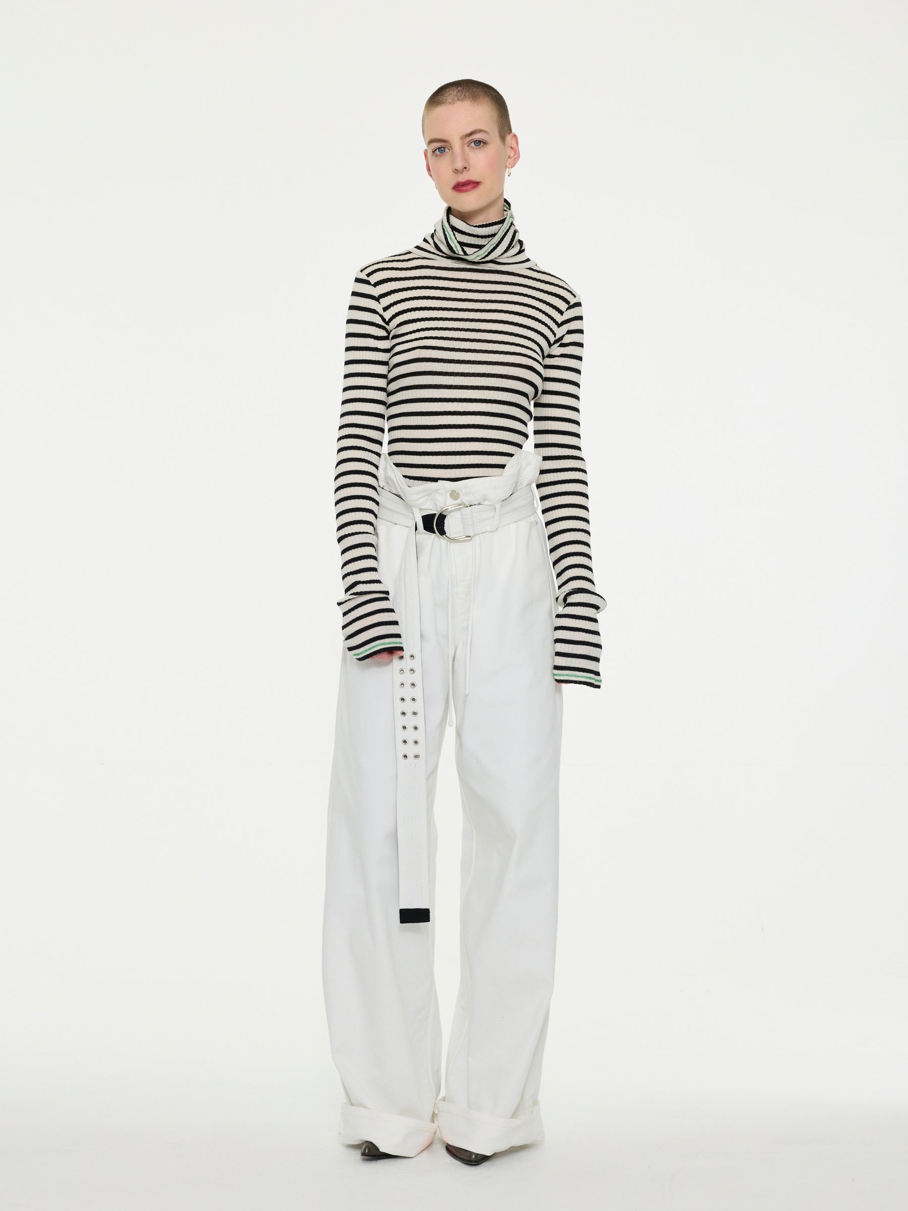 BIBA Roll Neck Striped Top  - Ecru / Black / Green