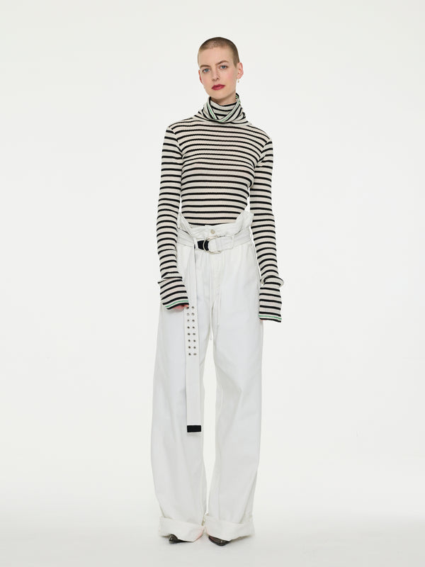 BIBA Roll Neck Striped Top  - Ecru / Black / Green