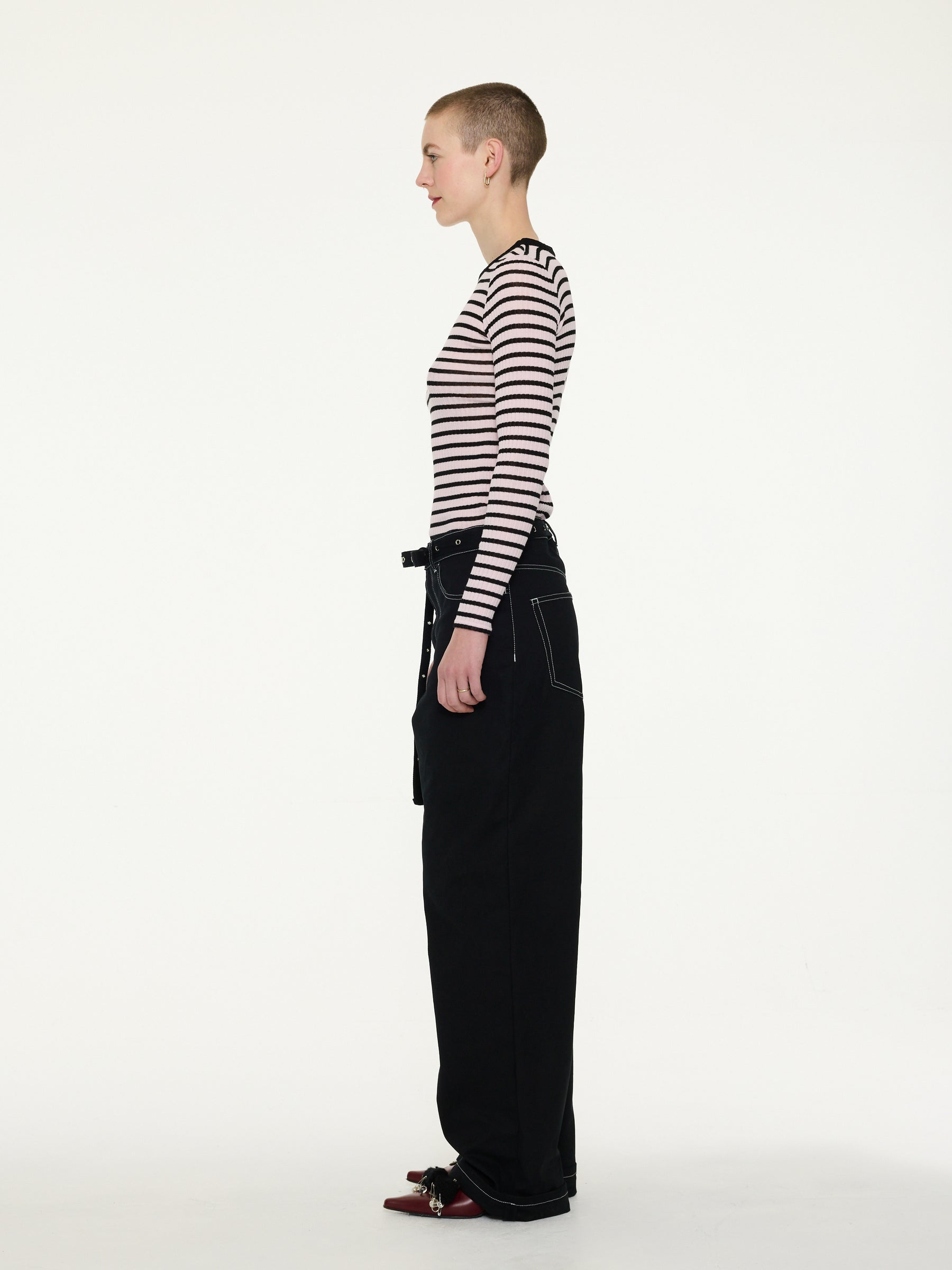 JACKIE RAYE Striped Fine Weight Ribbed Top - Pale Pink / Black