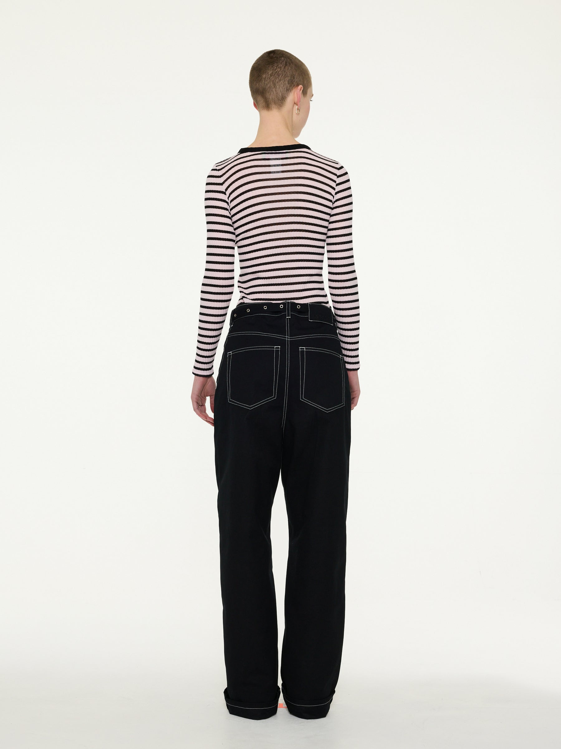 JACKIE RAYE Striped Fine Weight Ribbed Top - Pale Pink / Black