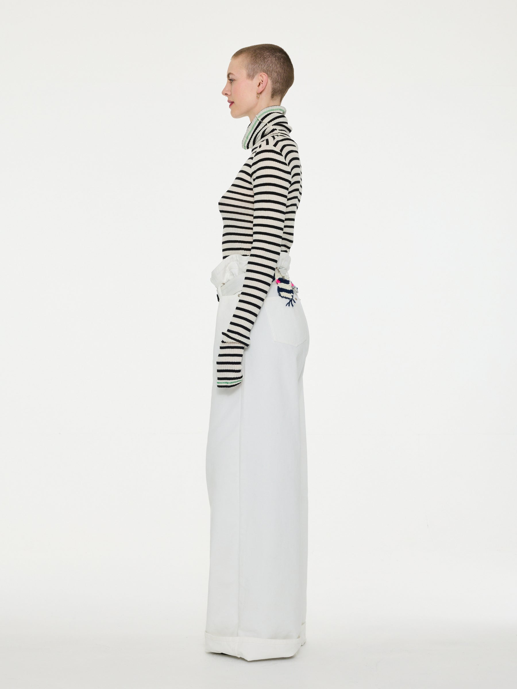BIBA Roll Neck Striped Top  - Ecru / Black / Green
