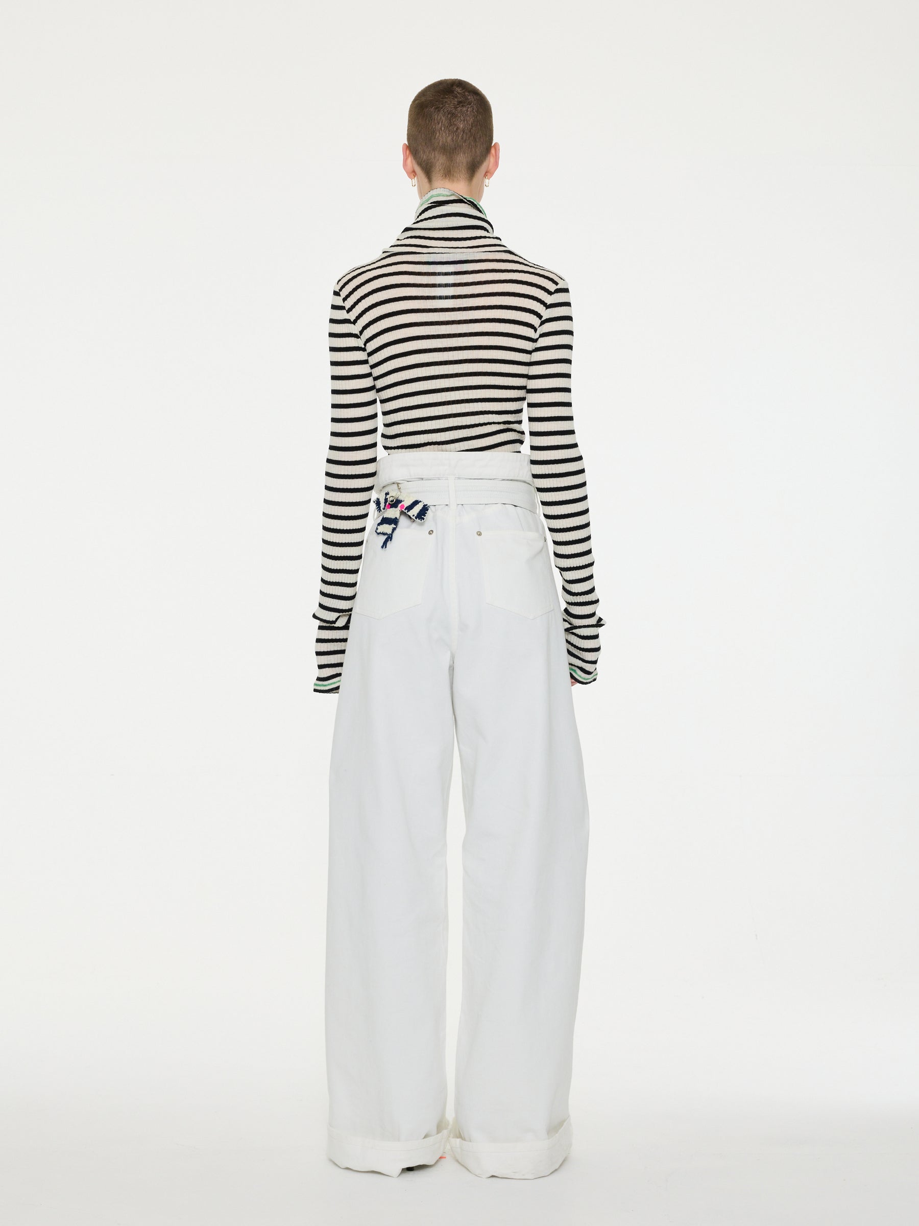 BIBA Roll Neck Striped Top  - Ecru / Black / Green