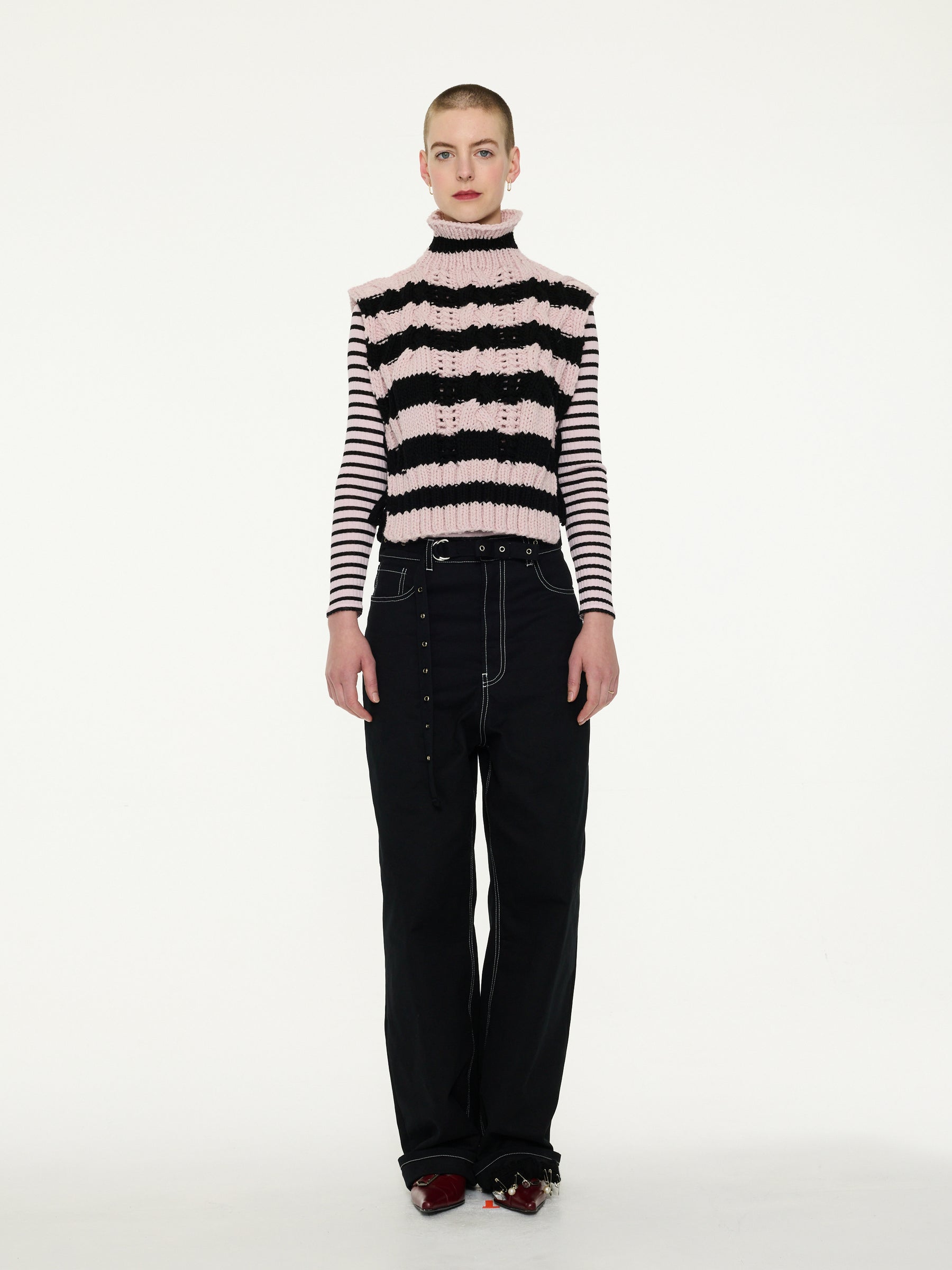 POSY Striped Cable Knit Vest - Pale Pink / Black