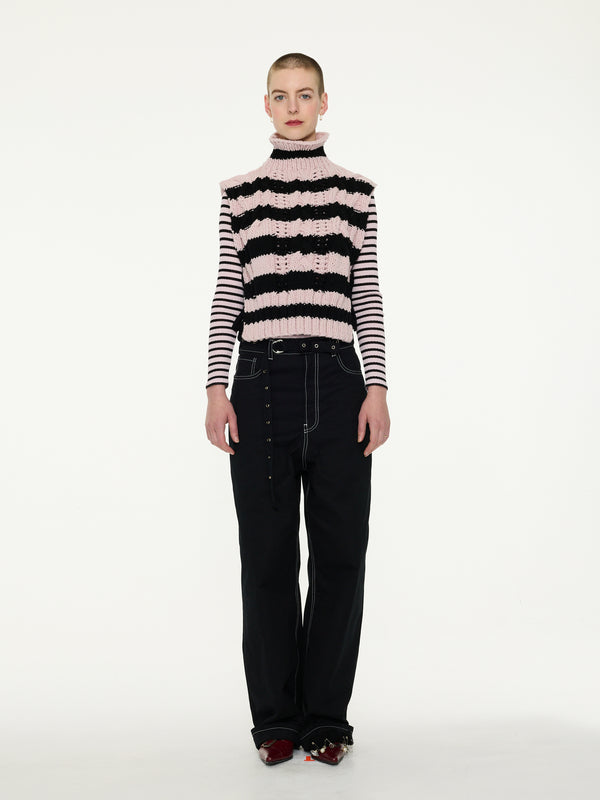 POSY Striped Cable Knit Vest - Pale Pink / Black
