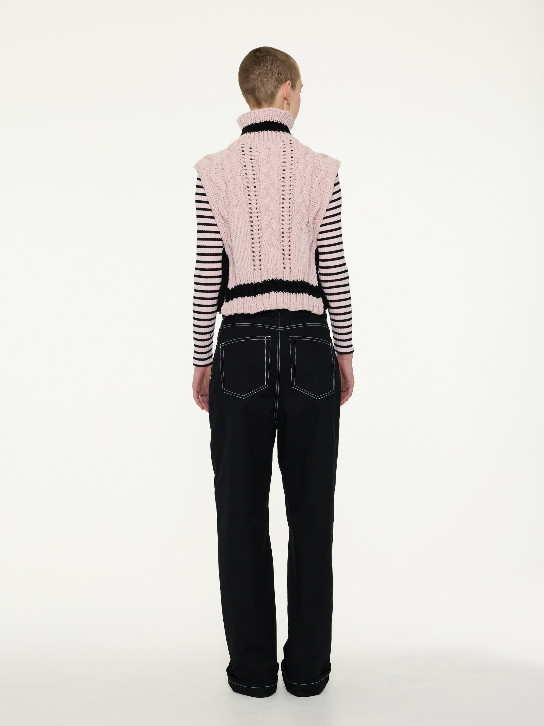 POSY Striped Cable Knit Vest - Pale Pink / Black