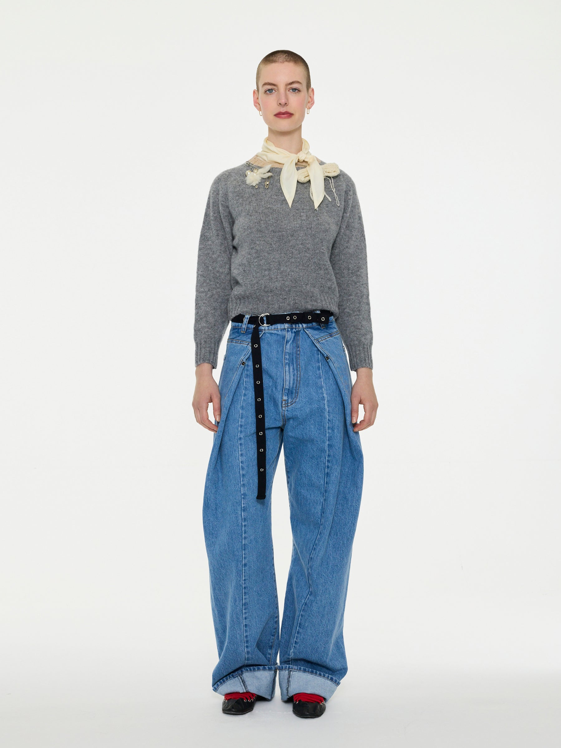 FIFI Crew Neck Shetland Sweater - Grey / Beige