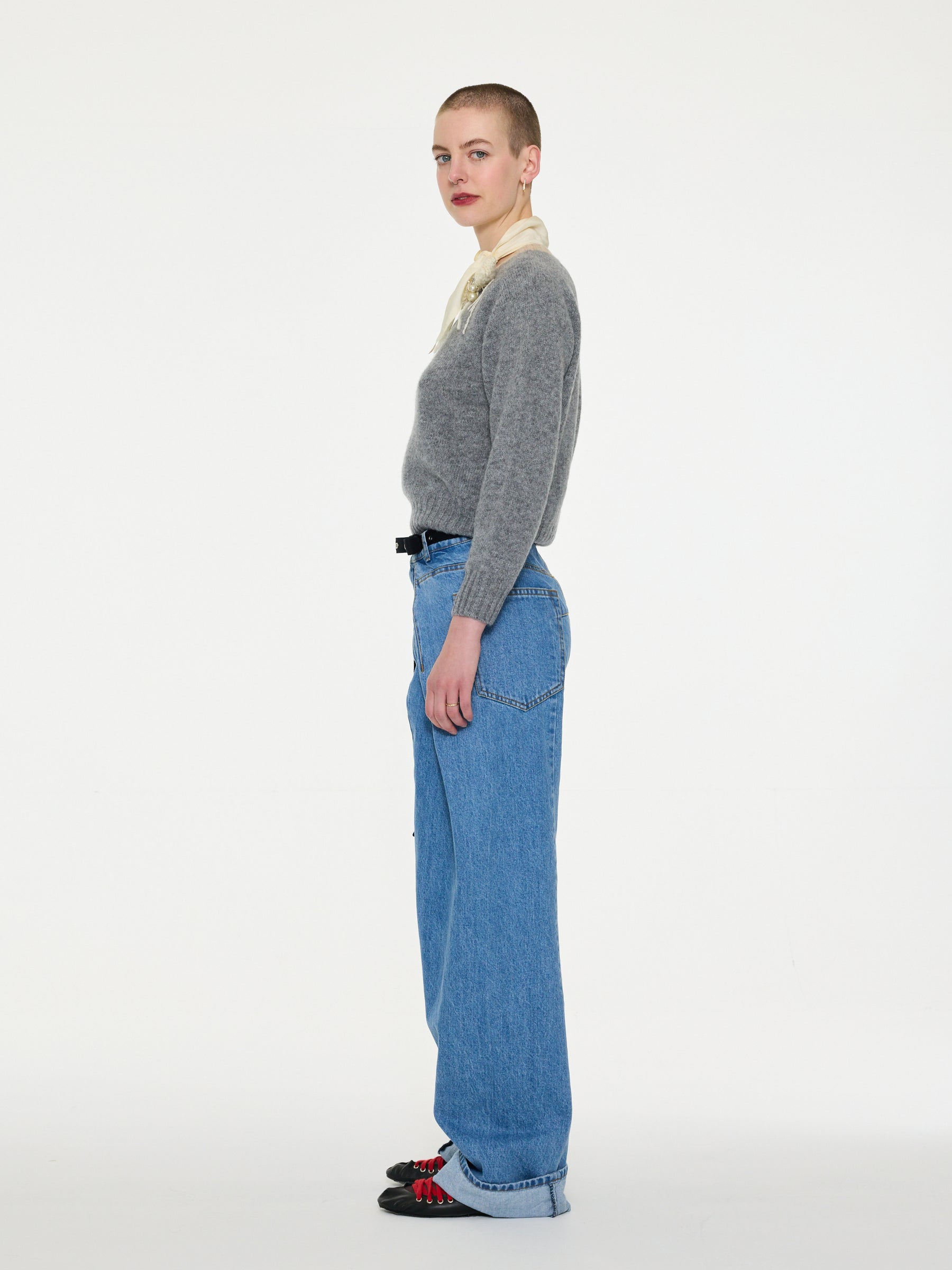 FIFI Crew Neck Shetland Sweater - Grey / Beige