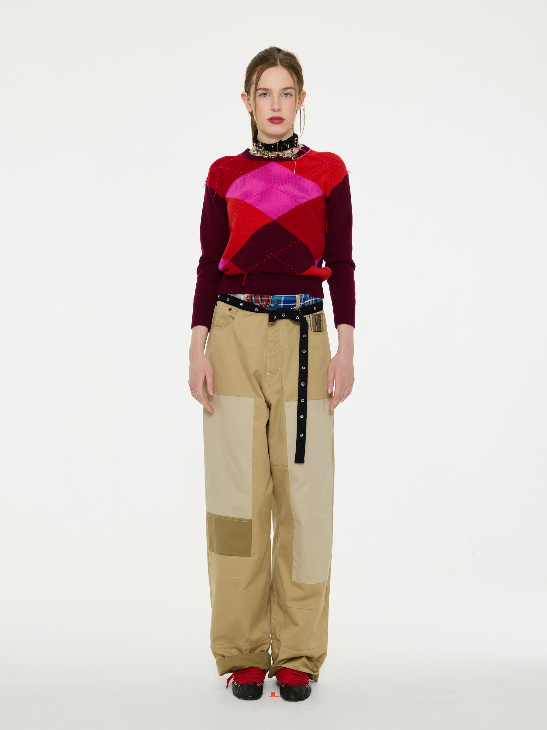 UNA Lambswool Argyle Crew Neck Sweater - Burgundy/ Pink