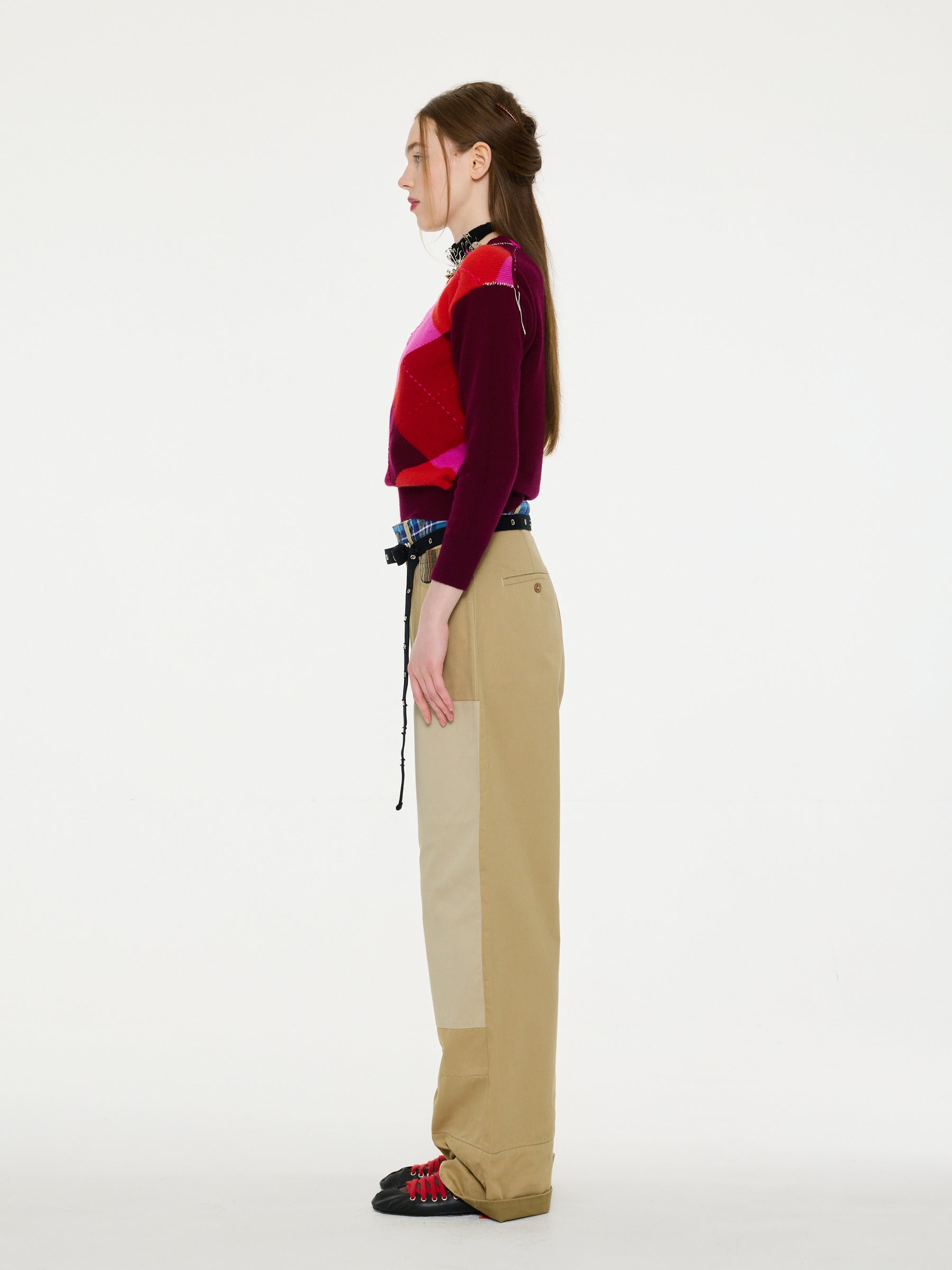 UNA Lambswool Argyle Crew Neck Sweater - Burgundy/ Pink