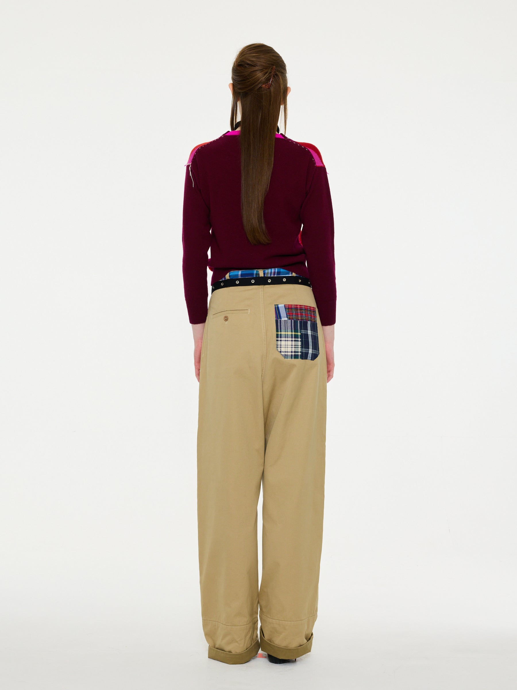 UNA Lambswool Argyle Crew Neck Sweater - Burgundy/ Pink