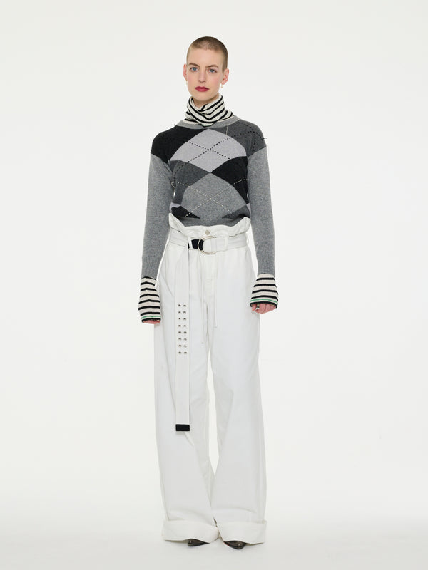 UNA Lambswool Argyle Crew Neck Sweater- Grey/ Black