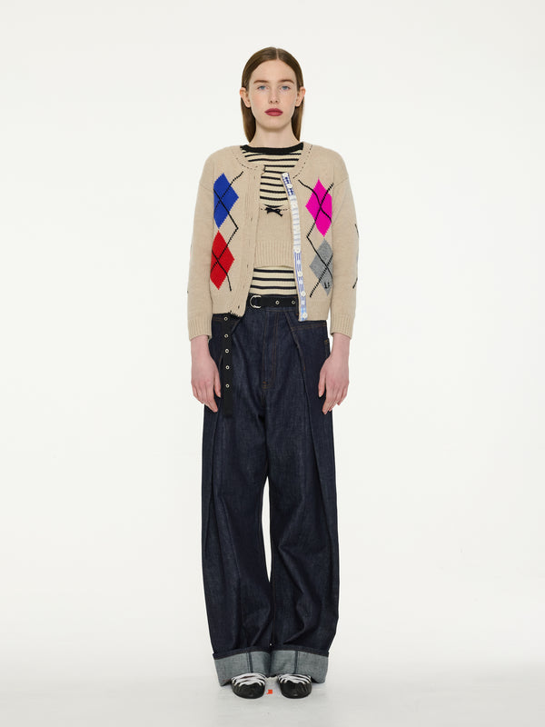 ISH Argyle Crew Neck Cardigan - Oatmeal