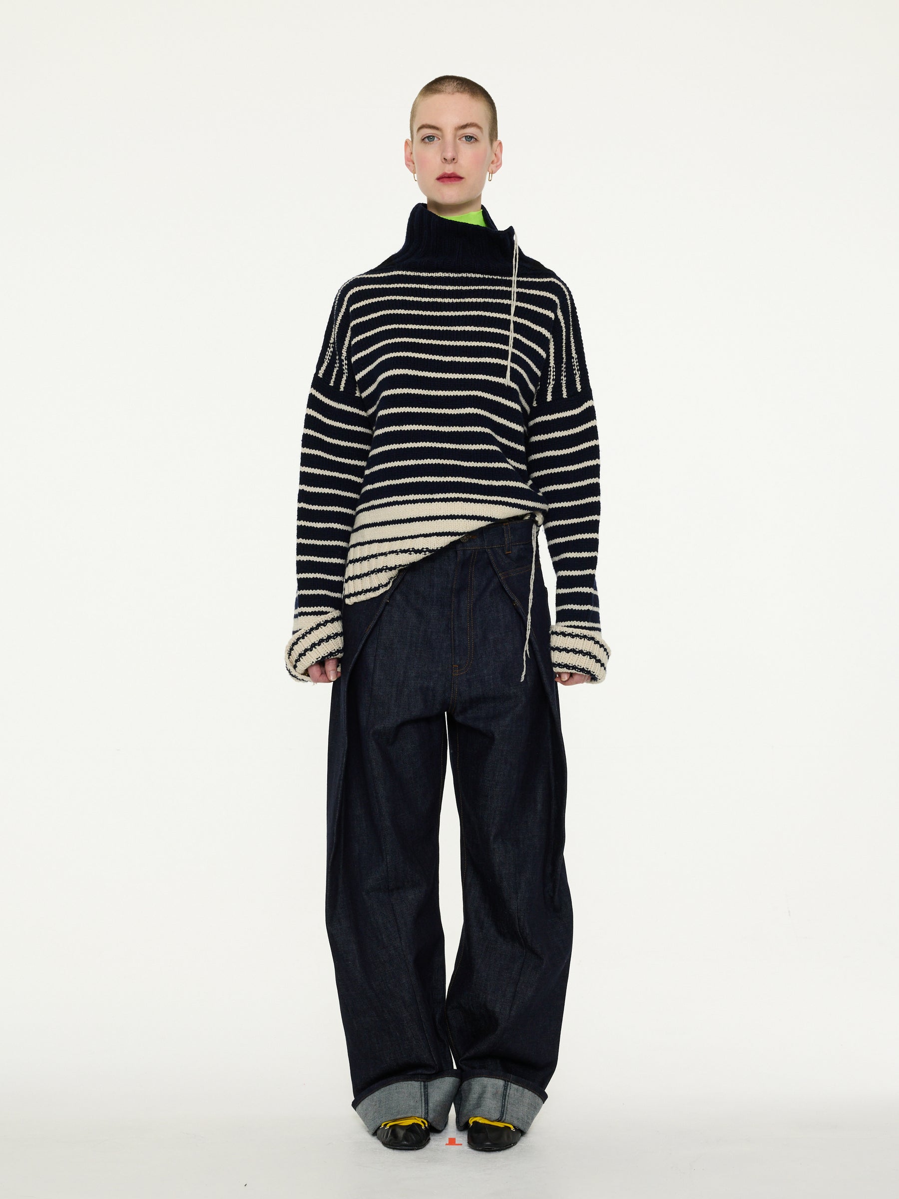 MAURICE Hand Knitted Roll Neck Striped Guernsey Sweater - Navy / Black / Ecru