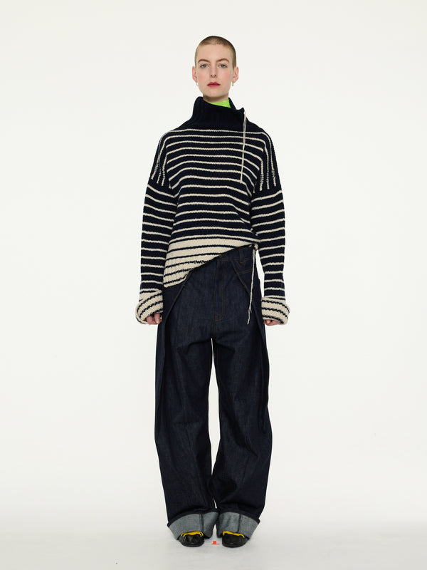 MAURICE Hand Knitted Roll Neck Striped Guernsey Sweater - Navy / Black / Ecru