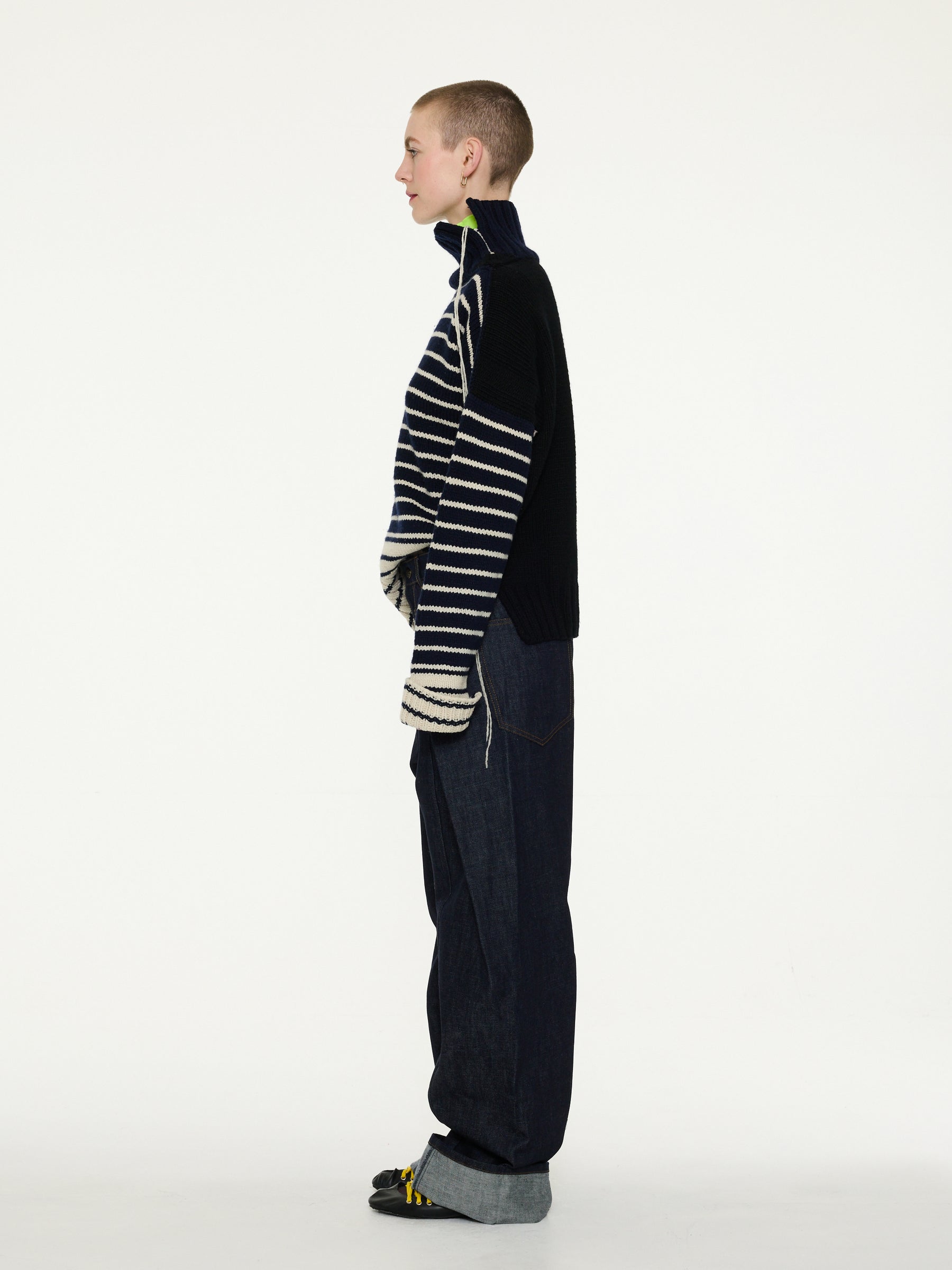 MAURICE Hand Knitted Roll Neck Striped Guernsey Sweater - Navy / Black / Ecru