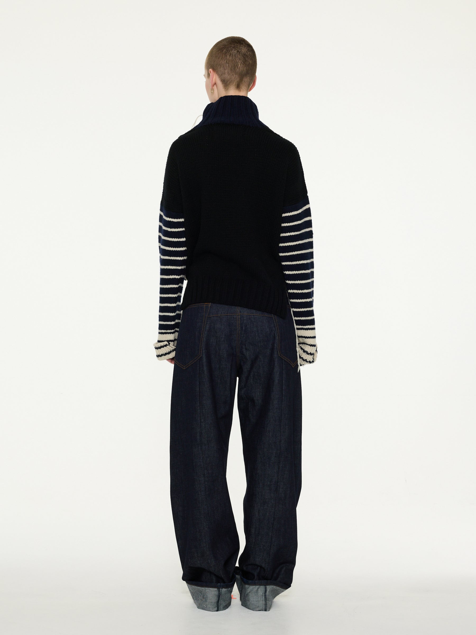 MAURICE Hand Knitted Roll Neck Striped Guernsey Sweater - Navy / Black / Ecru