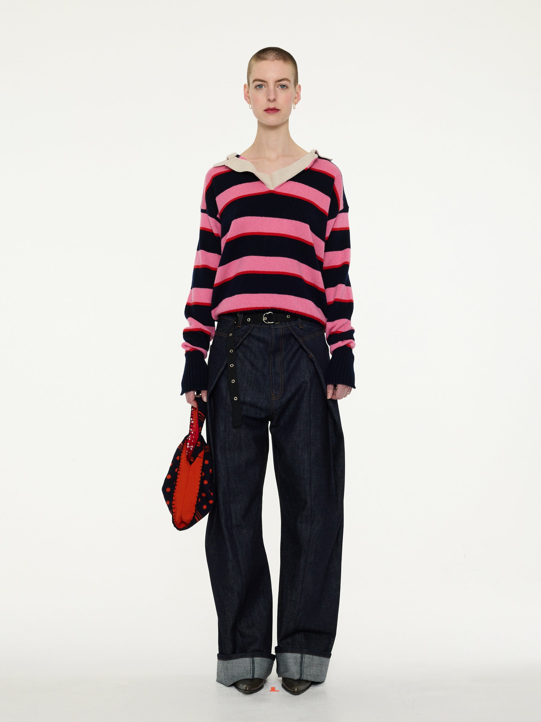 WINIFRED Striped Lambswool Rugby Sweater - Navy/ Pink