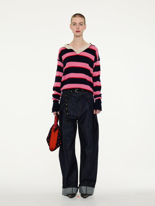 WINIFRED Striped Lambswool Rugby Sweater - Navy / Pink