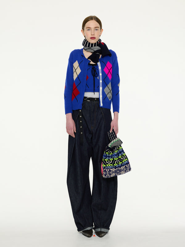 ETTY Argyle Striped Scarf - Navy/ Red