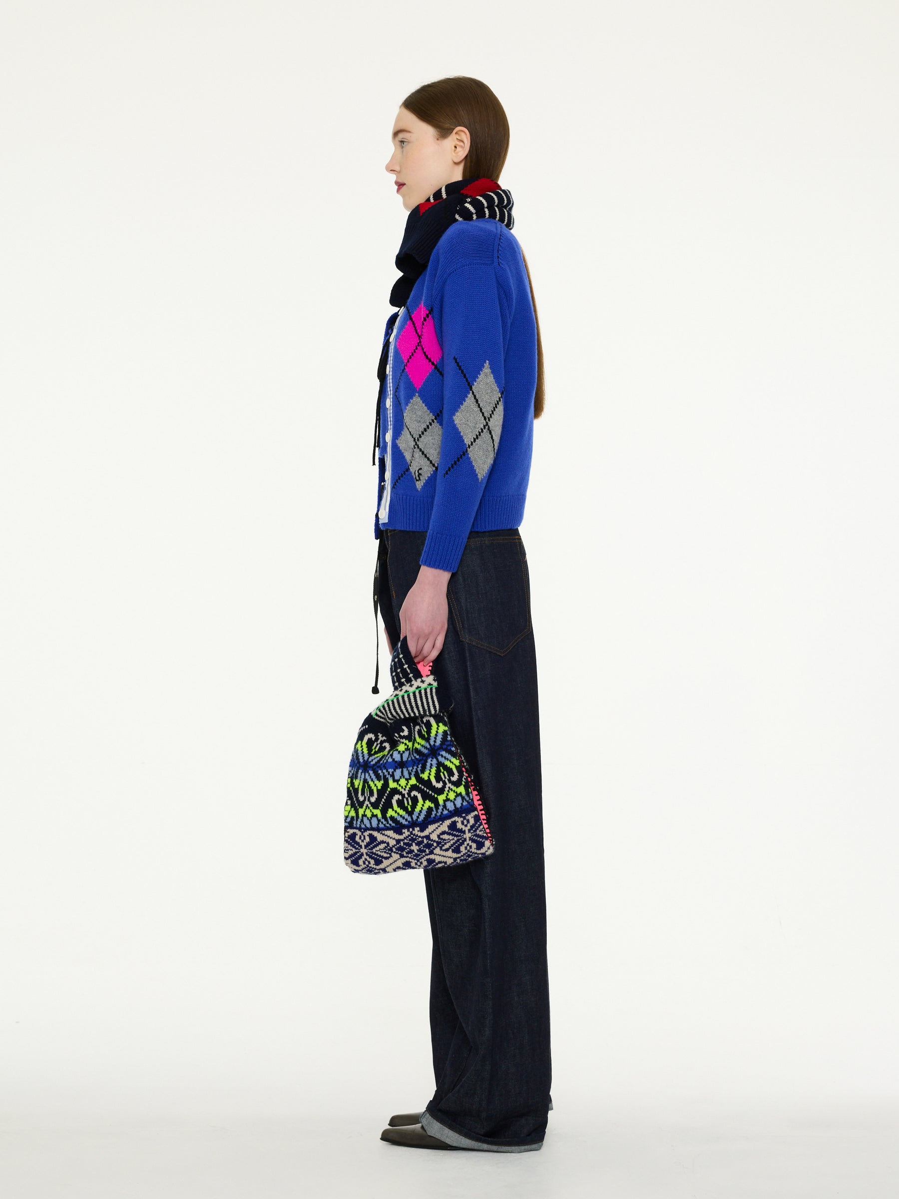 ISH Argyle Crew Neck Cardigan - Blue