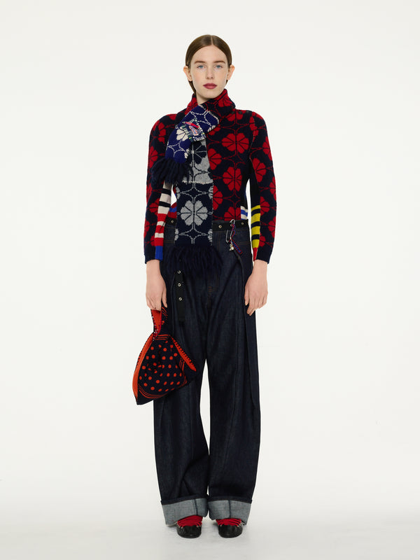 NOAH Floral Jacquard Knitted Scarf - Red/ Navy