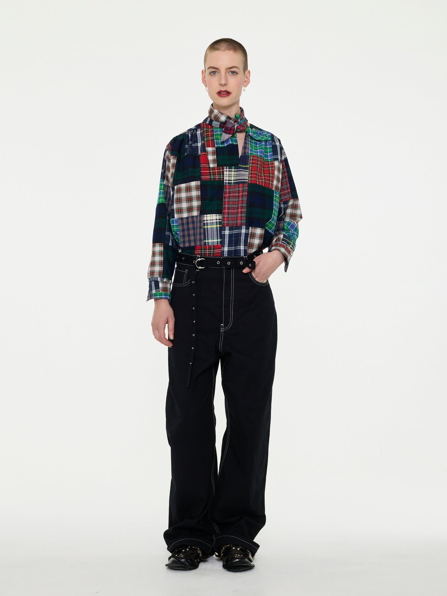 NUSCH Patchwork Tartan Neck Tie Blouse - Tartan Patchwork