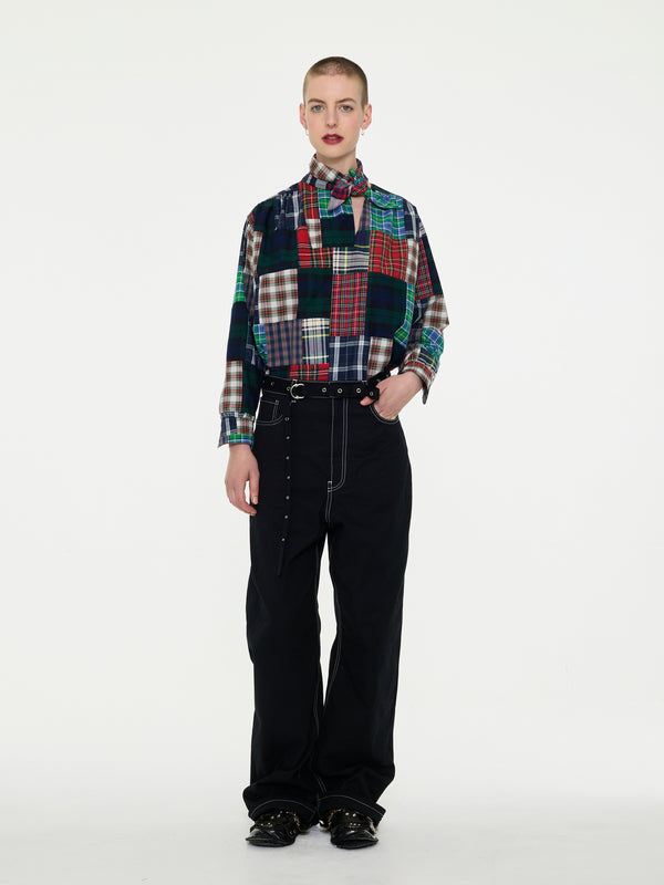 NUSCH Patchwork Tartan Neck Tie Blouse - Tartan Patchwork