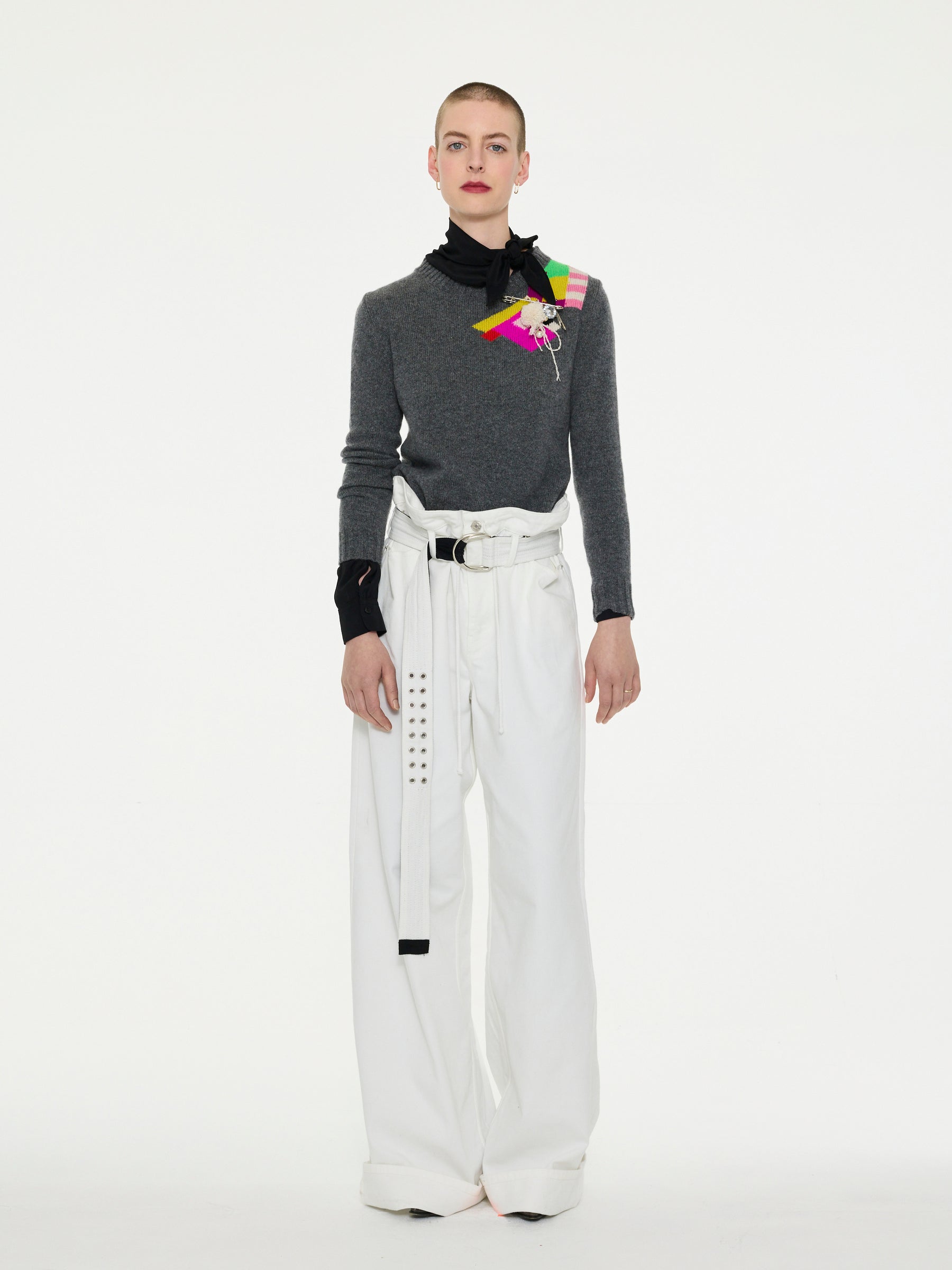 ROXANNE Lambswool Crew Neck Sweater - Grey / Multico
