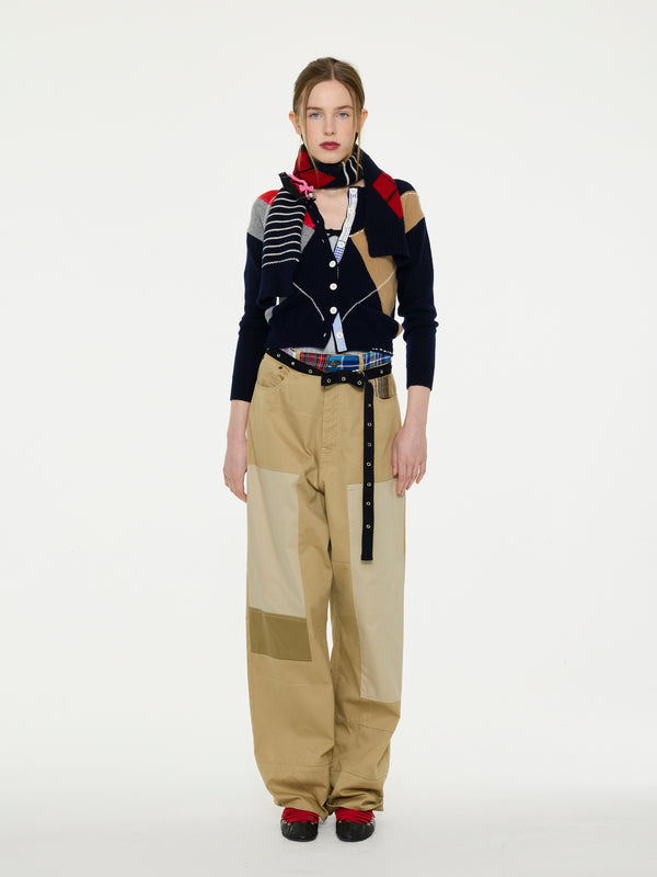 CYNTHIA Crew Neck Argyle Cardigan - Navy / Camel / Grey / Red / Neon Pink