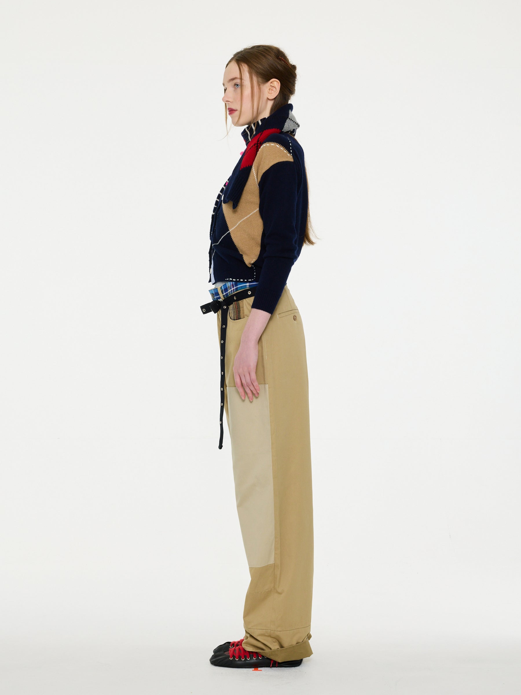 CYNTHIA Crew Neck Argyle Cardigan - Navy / Camel / Grey / Red / Neon Pink