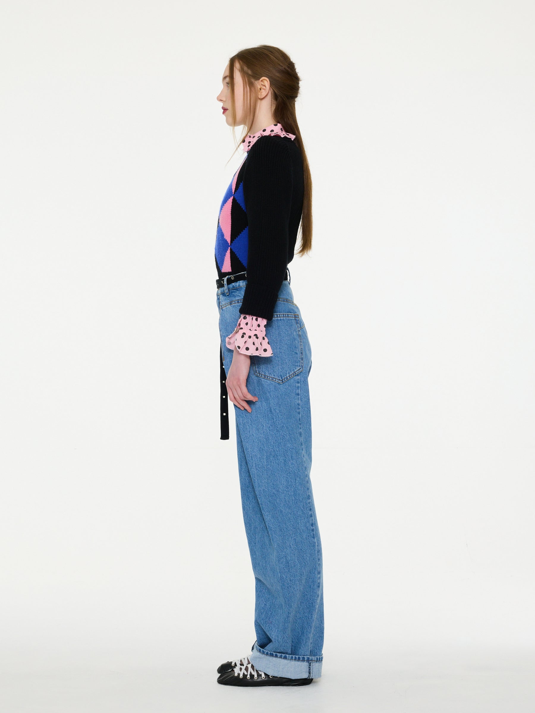 PABLO fitted Hand-knit Harlequin Sweater Using Hand Intarsia Work