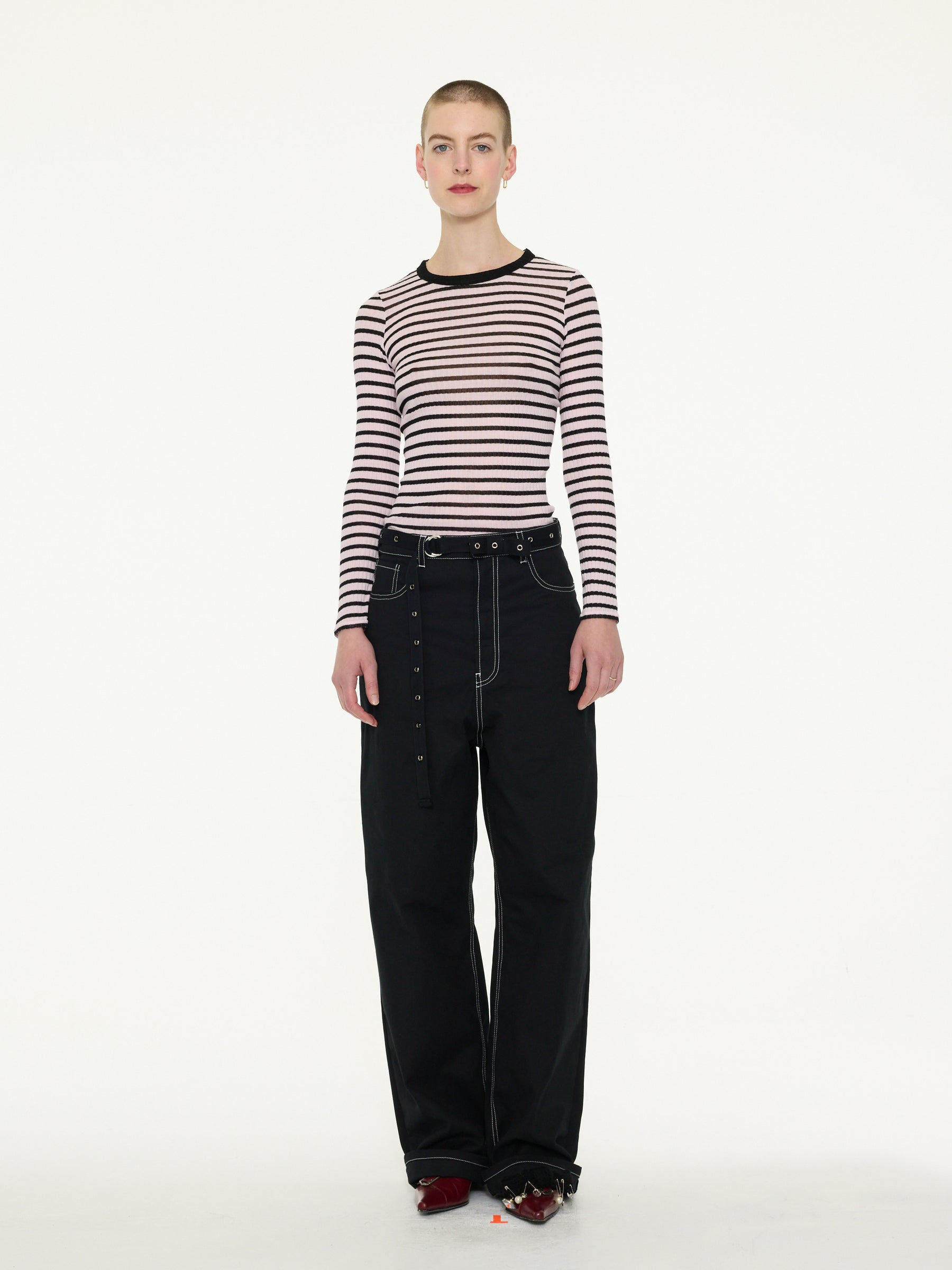 JACKIE RAYE Striped Fine Weight Ribbed Top - Pale Pink / Black