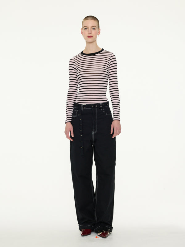 JACKIE RAYE Striped Fine Weight Ribbed Top - Pale Pink / Black