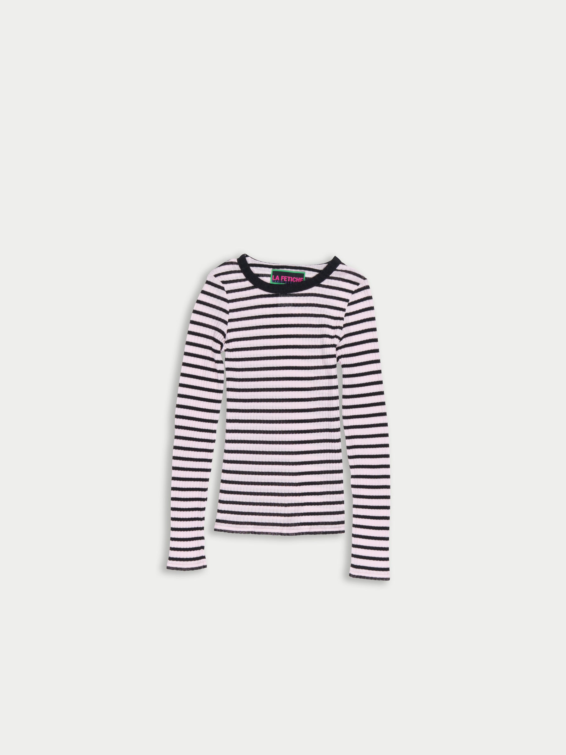 JACKIE RAYE Striped Fine Weight Ribbed Top - Pale Pink / Black