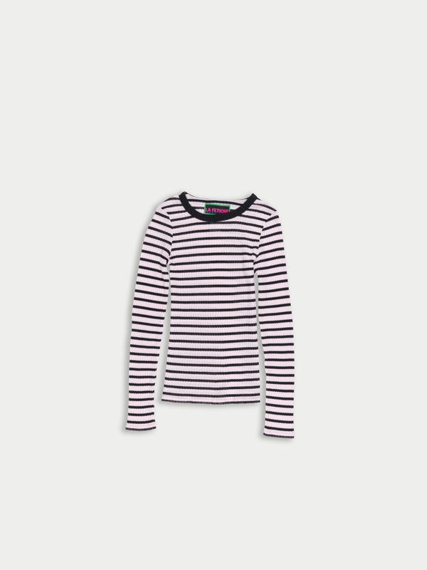 JACKIE RAYE Striped Fine Weight Ribbed Top - Pale Pink / Black